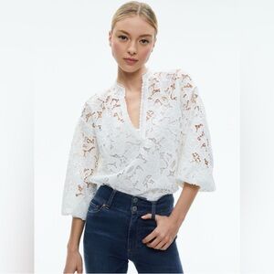 Alice + Olivia White Lace Split-Neck Blouse